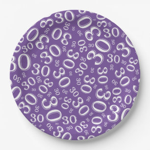 Age 30th Random Number Pattern White/Purple Paper Plate