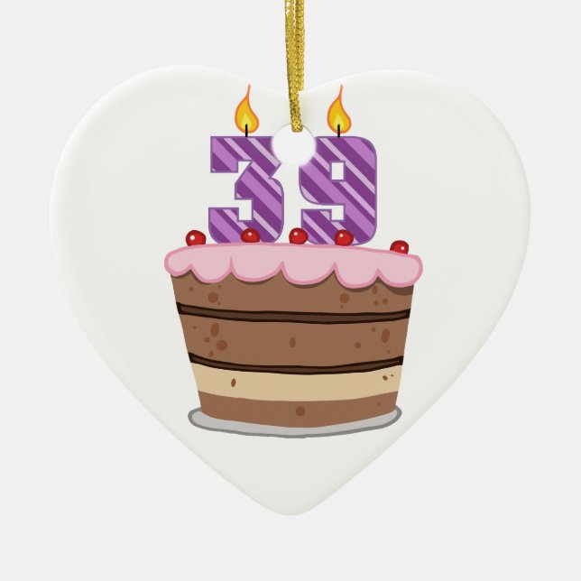 Age 39 on Birthday Cake Ceramic Tree Decoration (Front)