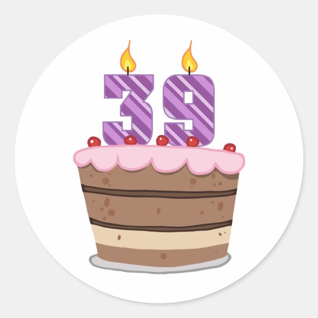 Age 39 on Birthday Cake Classic Round Sticker (Front)