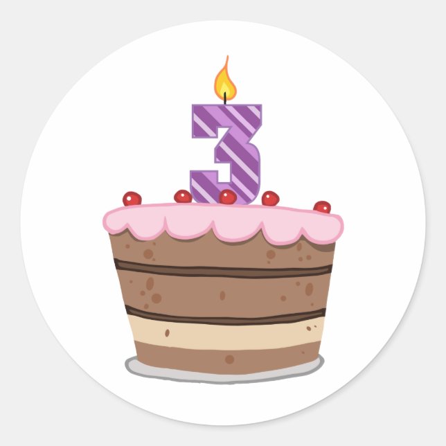 Age 3 on Birthday Cake Classic Round Sticker (Front)