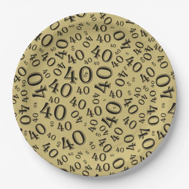 Age 40 Random Number Pattern Black/Gold Paper Plate (Front)
