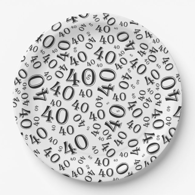 Age 40 Random Number Pattern Black/White Paper Plate (Front)