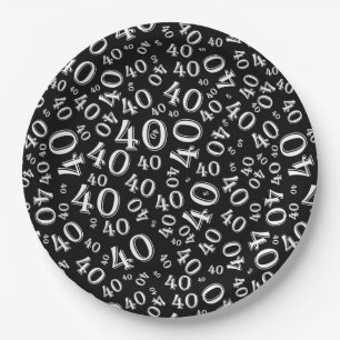 Age 40 Random Number Pattern Black/White Paper Plate