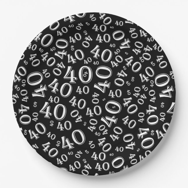 Age 40 Random Number Pattern Black/White Paper Plate (Front)