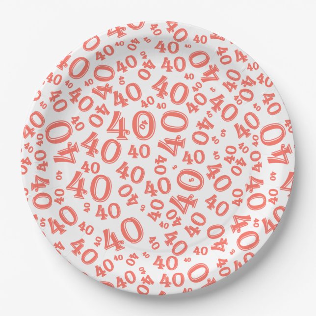 Age 40 Random Number Pattern Coral/White Paper Plate (Front)