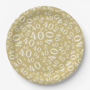 Age 40 Random Number Pattern Gold/White Paper Plate