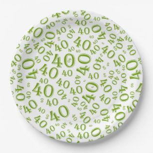 Age 40 Random Number Pattern Green/White Paper Plate