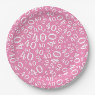 Age 40 Random Number Pattern Pink/White Paper Plate