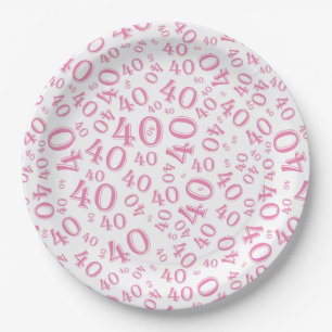 Age 40 Random Number Pattern Pink/White Paper Plate