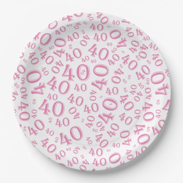 Age 40 Random Number Pattern Pink/White Paper Plate (Front)