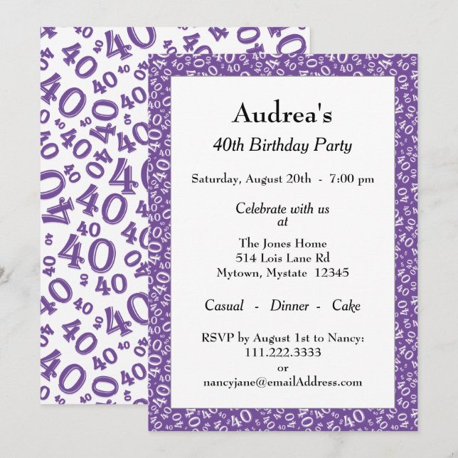 Age 40 Random Number Pattern Purple/White 40th Invitation (Front/Back)