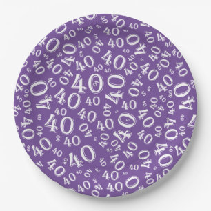 Age 40 Random Number Pattern Purple/White Paper Plate