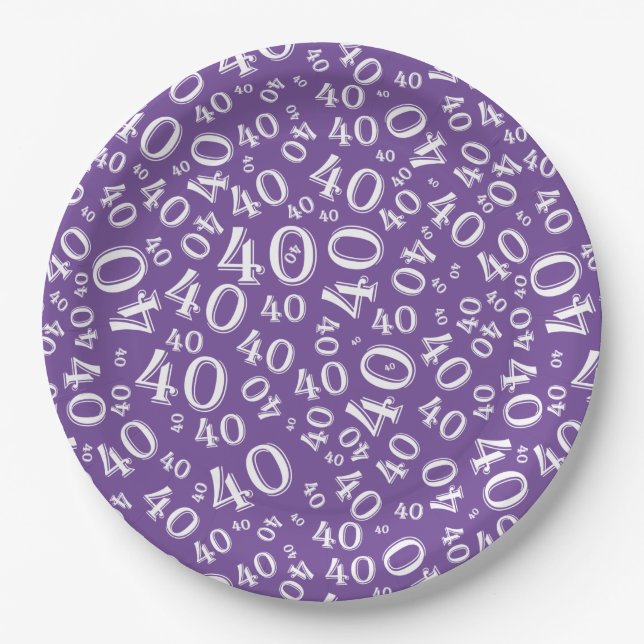 Age 40 Random Number Pattern Purple/White Paper Plate (Front)
