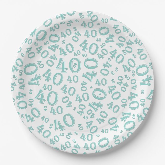 Age 40 Random Number Pattern Teal/White Paper Plate (Front)