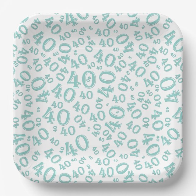 Age 40 Random Number Pattern Teal/White Paper Plate (Front)
