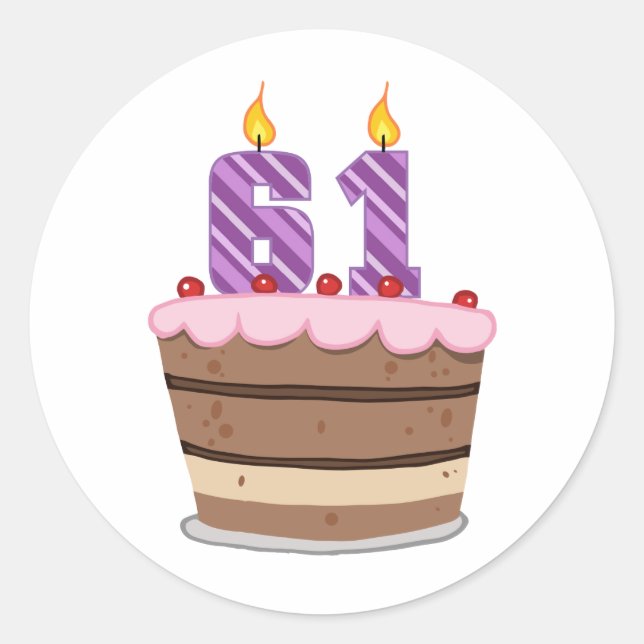 Age 61 on Birthday Cake Classic Round Sticker (Front)