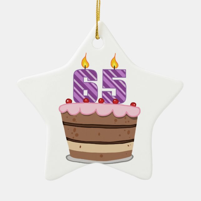 Age 65 on Birthday Cake Ceramic Tree Decoration (Front)