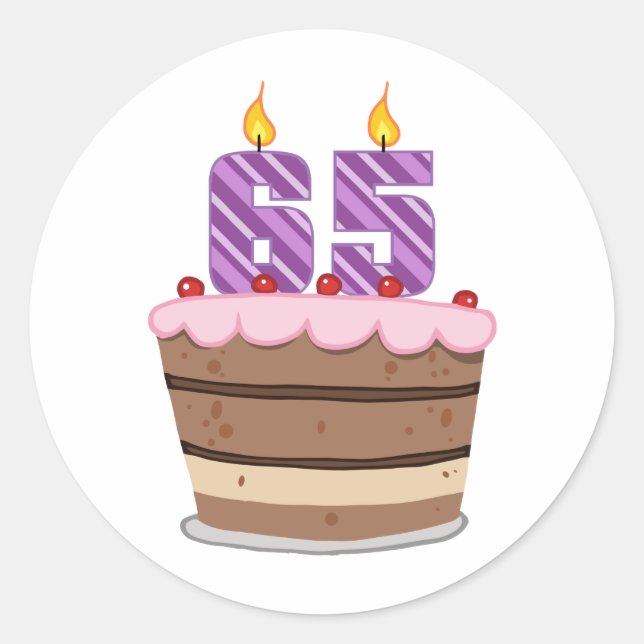 Age 65 on Birthday Cake Classic Round Sticker (Front)