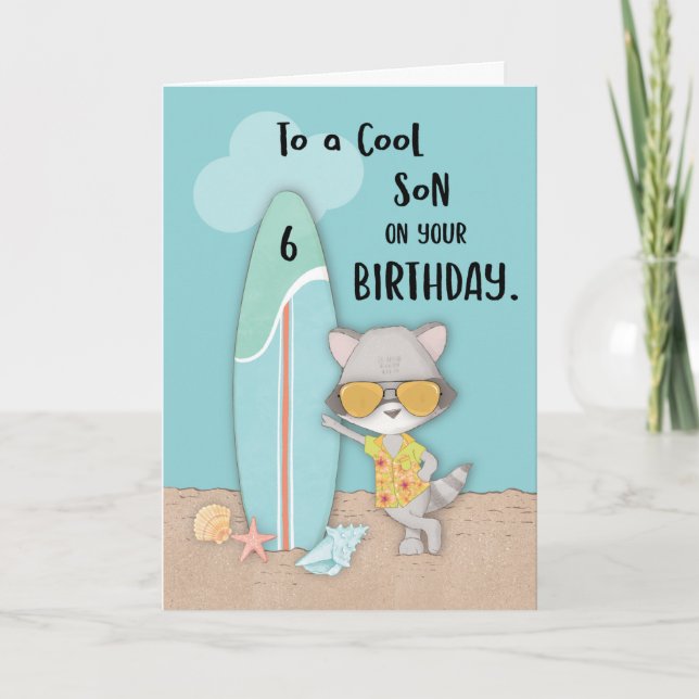 Age 6 Son Birthday Beach Funny Cool Racoon Card (Front)