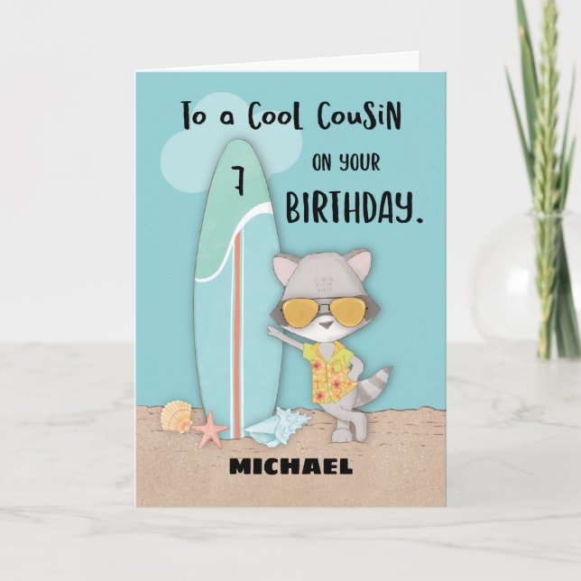 Age 7 Cousin Birthday Beach Funny Cool Racoon  Card (Front)