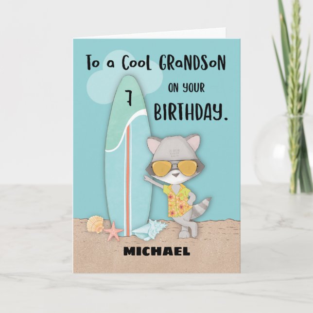 Age 7 Grandson Birthday Beach Funny Cool Racoon  Card (Front)
