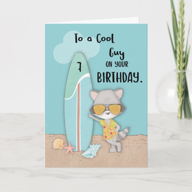 Age 7 Guy Birthday Beach Funny Cool Racoon  Card (Front)