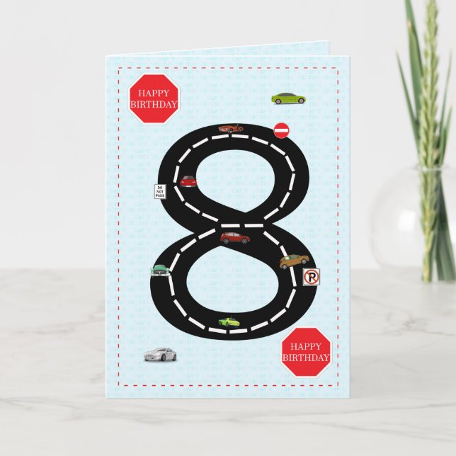 Age 8, 8th birthday, toy cars and road card (Front)