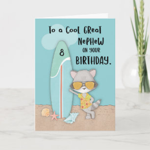 Age 8 Great Nephew Birthday Beach Funny Racoon Card