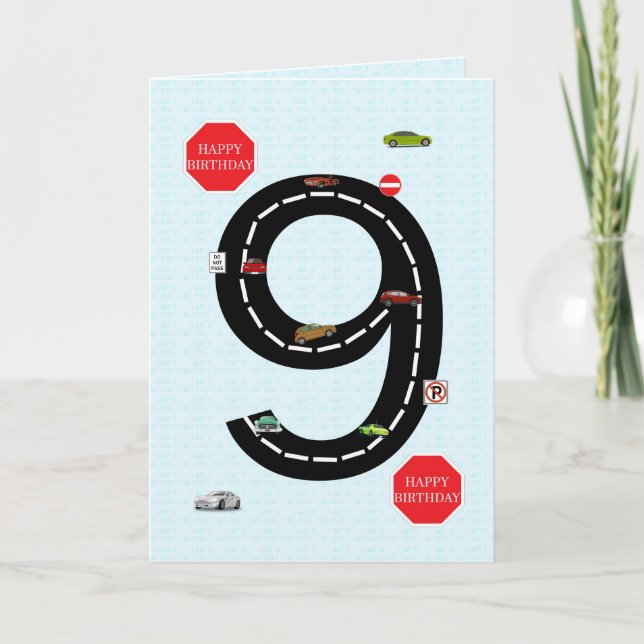 Age 9, 9th birthday, toy cars and road card (Front)