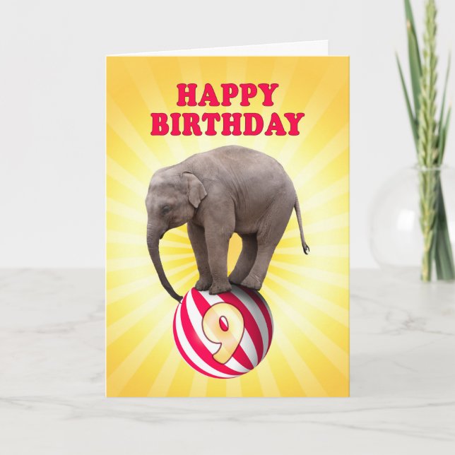Age 9, a happy elephants birthday card (Front)