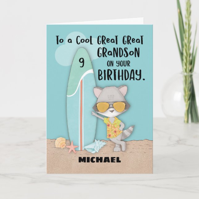 Age 9 Great Great Grandson Birthday Funny Racoon Card (Front)