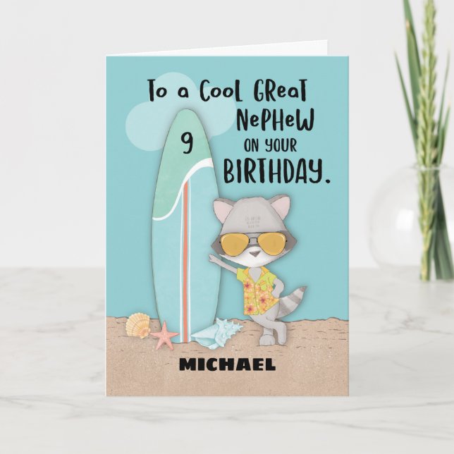 Age 9 Great Nephew Birthday Beach Funny Racoon Card (Front)