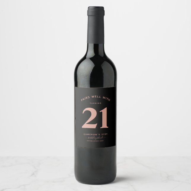 Age Minimalist Black & Rose Gold 21st Wine Label (Front)