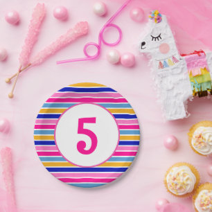 Age Number Colourful Stripe Pattern Vivid Party   Paper Plate