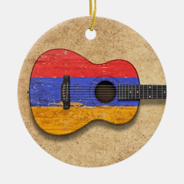 Aged and Worn Armenian Flag Acoustic Guitar Ceramic Tree Decoration (Front)