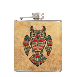 Aged and Worn Haida Spirit Owl Hip Flask