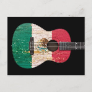 Aged and Worn Mexican Flag Acoustic Guitar, black Postcard