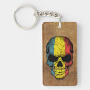 Aged and Worn Romanian Flag Skull Key Ring