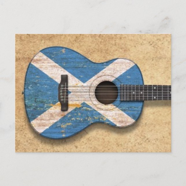 Aged and Worn Scottish Flag Acoustic Guitar Postcard (Front)