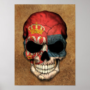 Aged and Worn Serbian Flag Skull Poster