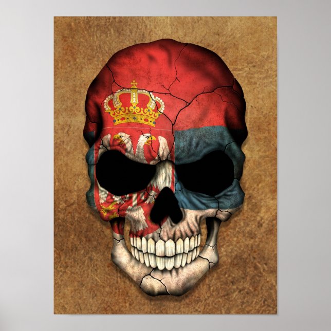 Aged and Worn Serbian Flag Skull Poster (Front)