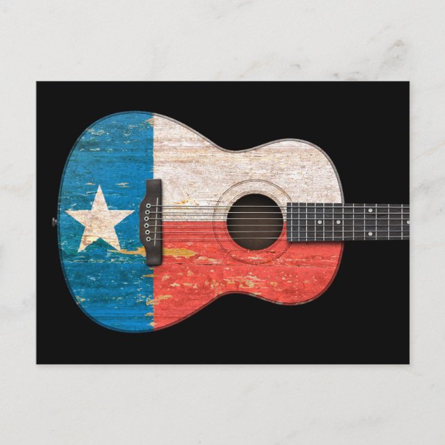 Aged and Worn Texas Flag Acoustic Guitar, black Postcard (Front)