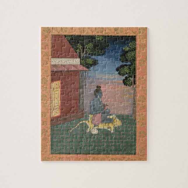 Aged ascetic seated on a tiger skin outside a buil jigsaw puzzle (Vertical)