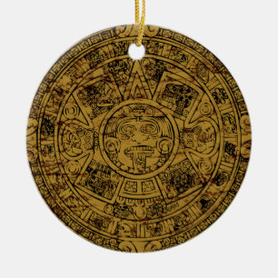 Aged Aztec Sun Stone Calendar Ceramic Tree Decoration