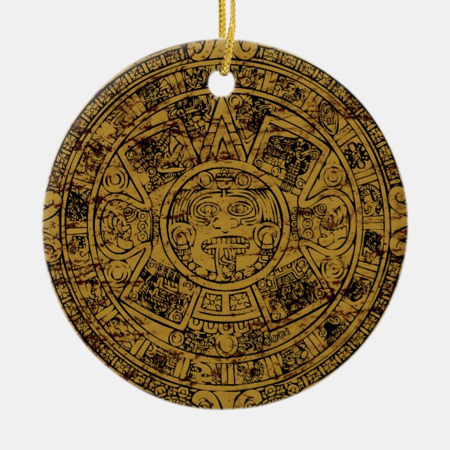 Aged Aztec Sun Stone Calendar Ceramic Tree Decoration (Front)
