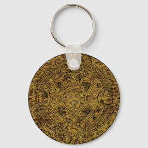 Aged Aztec Sun Stone Calendar Key Ring