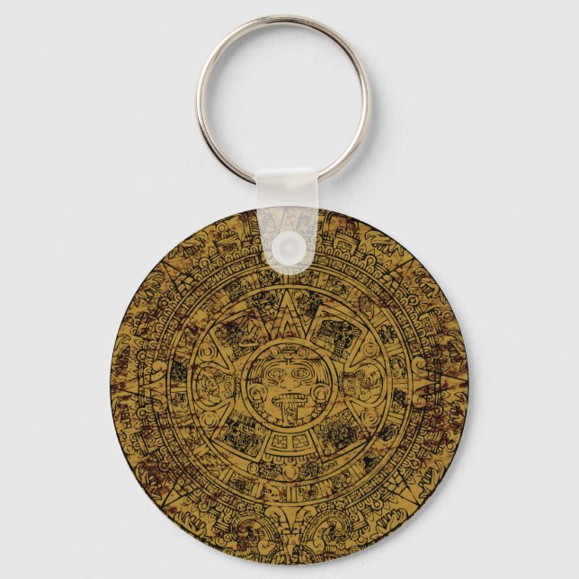Aged Aztec Sun Stone Calendar Key Ring (Front)