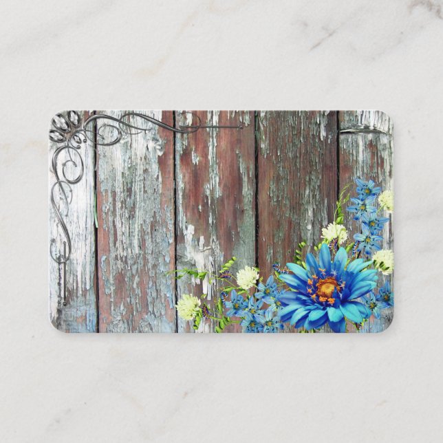 Aged Barn Wood w/ Blue Flowers & Scroll Borders on Business Card (Front)