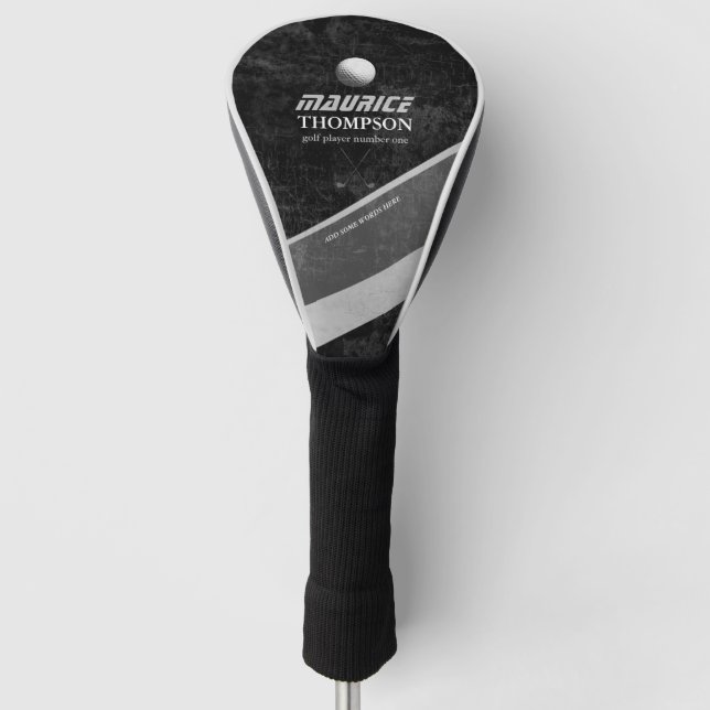 aged black&white golf head cover with golfer name (Front)