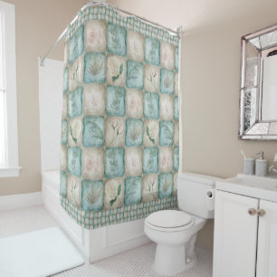Aged Botanical Tile - Aqua and Bone Shower Curtain